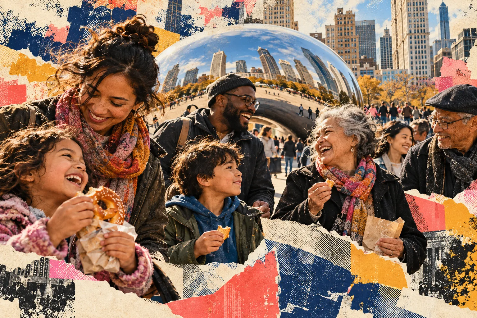 Collage illustration: families and friends sharing snacks near Cloud Gate in Millennium Park.