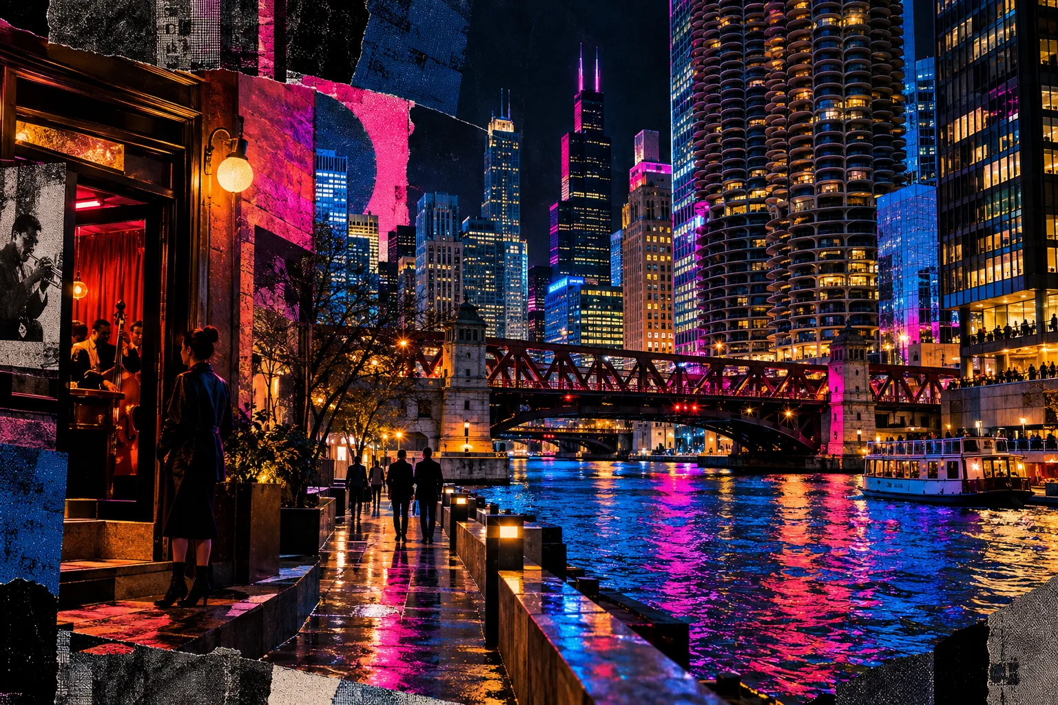 Collage illustration: the Chicago River at night, truss bridges and lit towers reflected in the water.