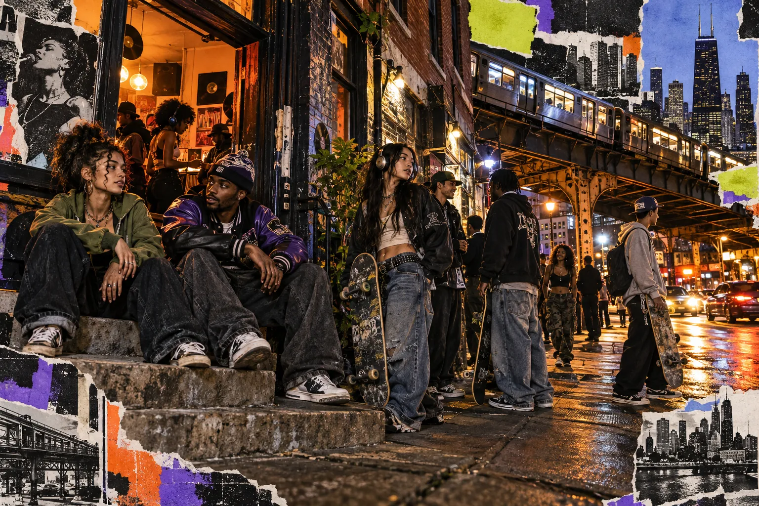Collage illustration: friends on a stoop under the L at night.