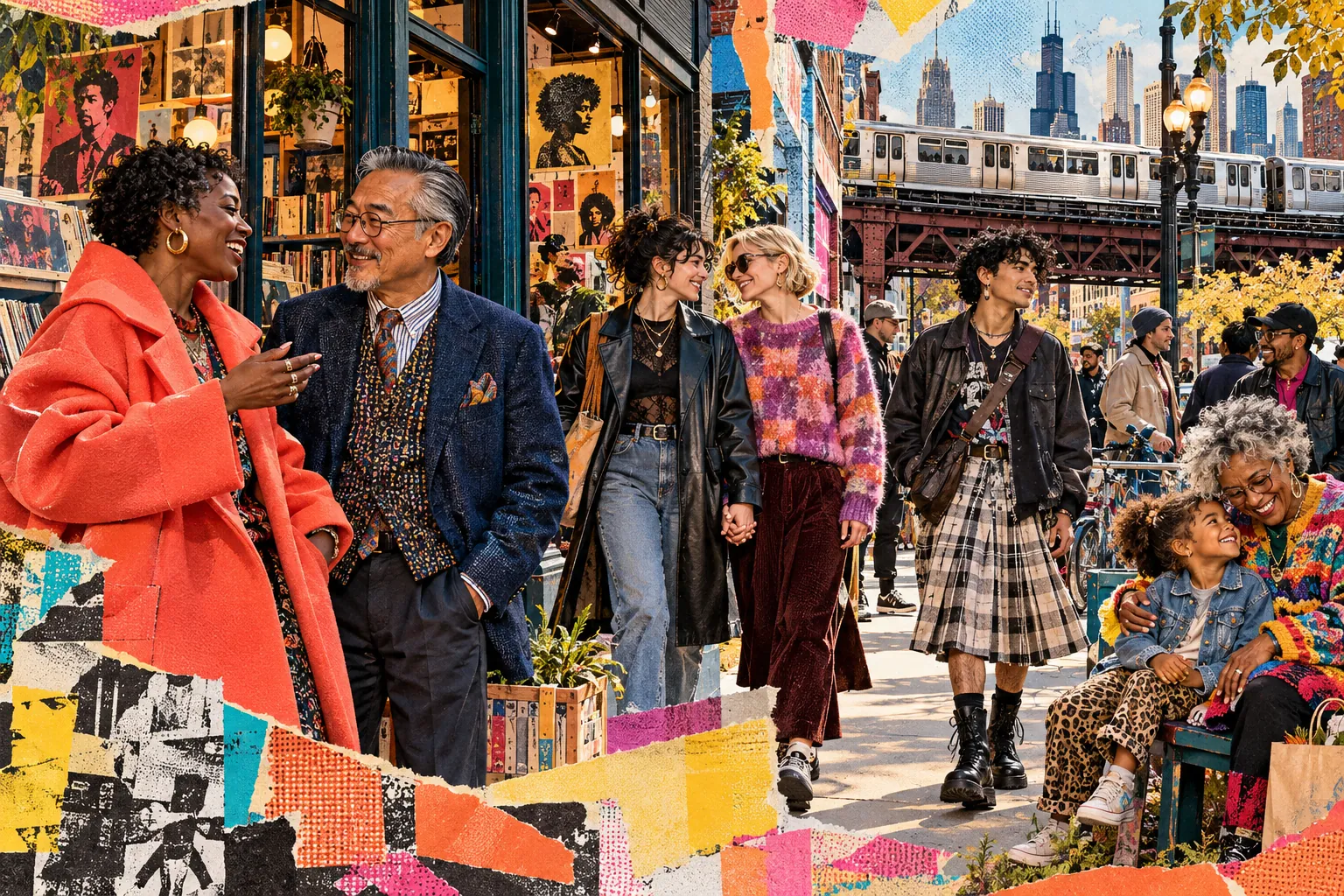 Collage illustration: friends of every age and style on a Chicago sidewalk under the L.