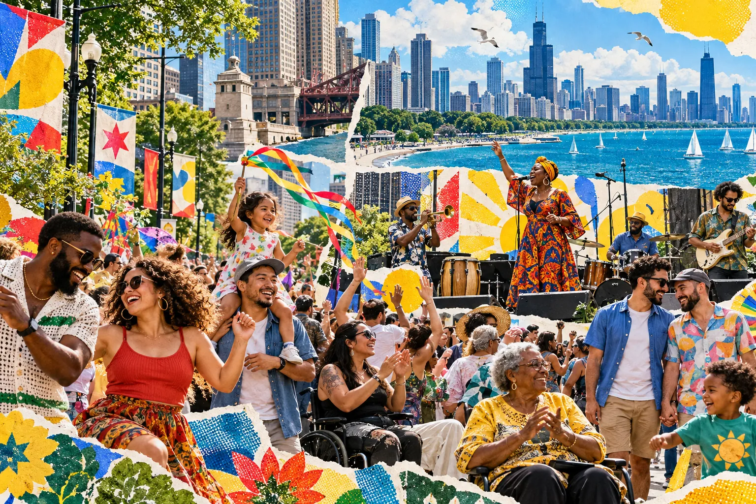 Collage illustration: a daytime neighborhood parade and soul concert with the Chicago lakefront skyline.