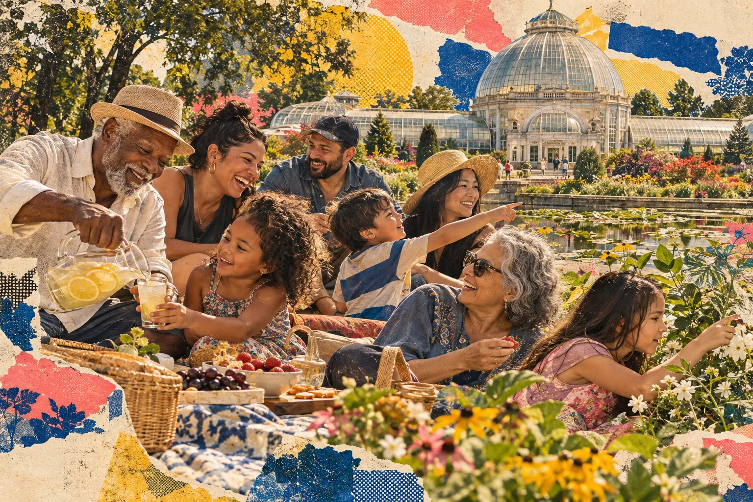 Collage illustration: an intergenerational picnic near the Belle Isle Conservatory.