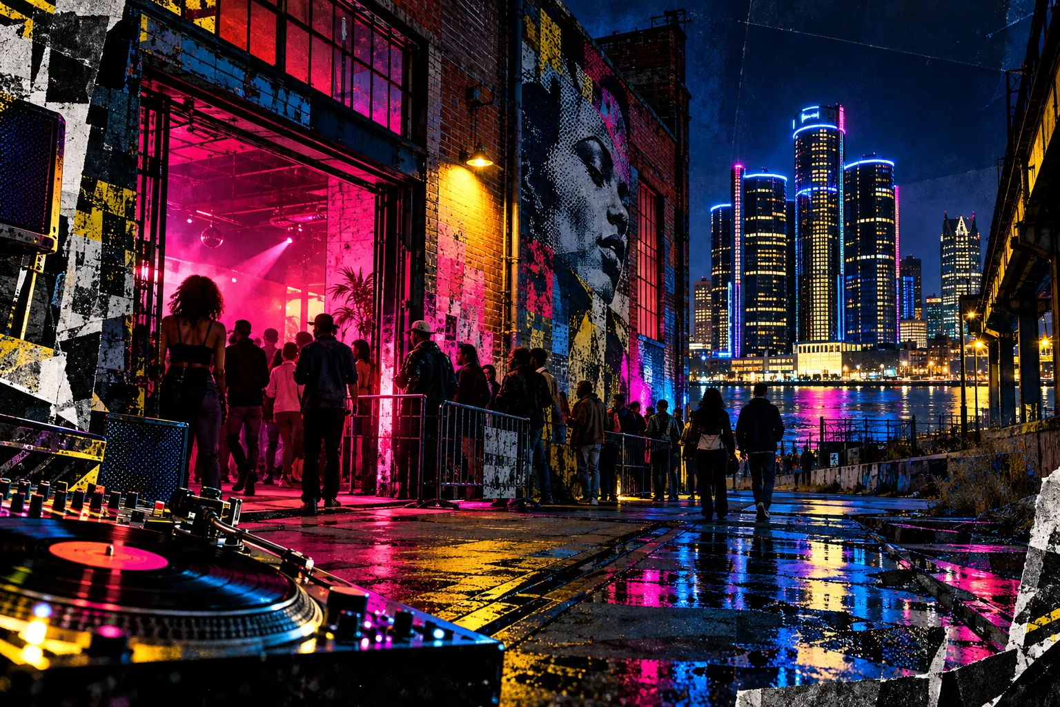 Collage illustration: a Detroit brick street after dark, a glowing club doorway and the skyline across the river.