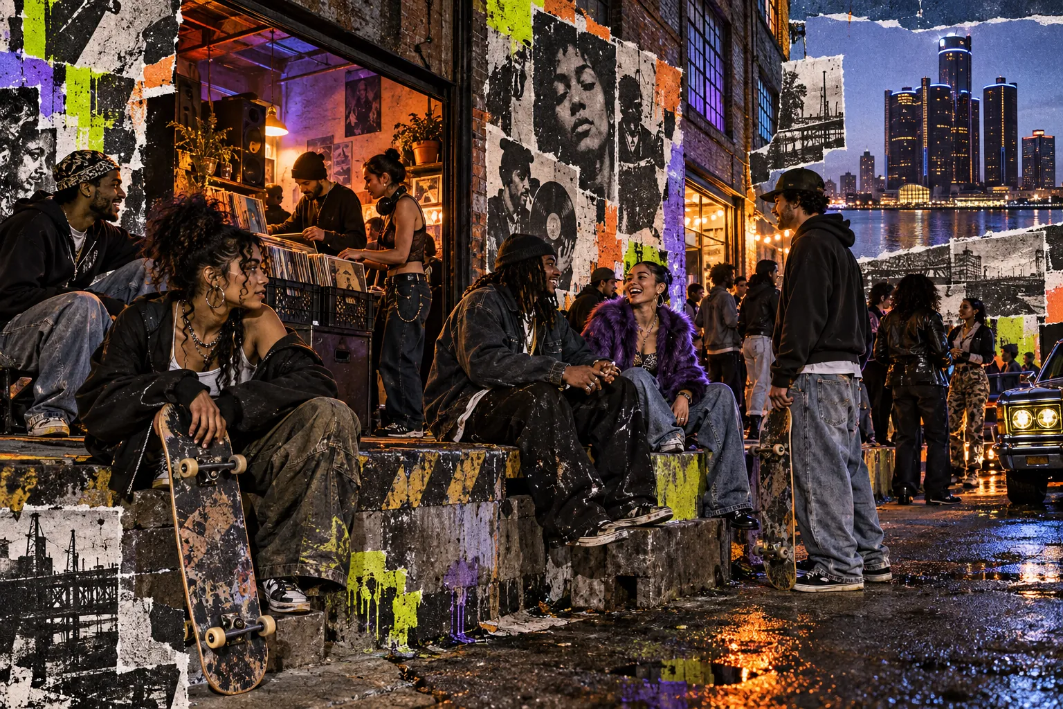 Collage illustration: friends outside a Detroit record shop at night, the skyline across the river.