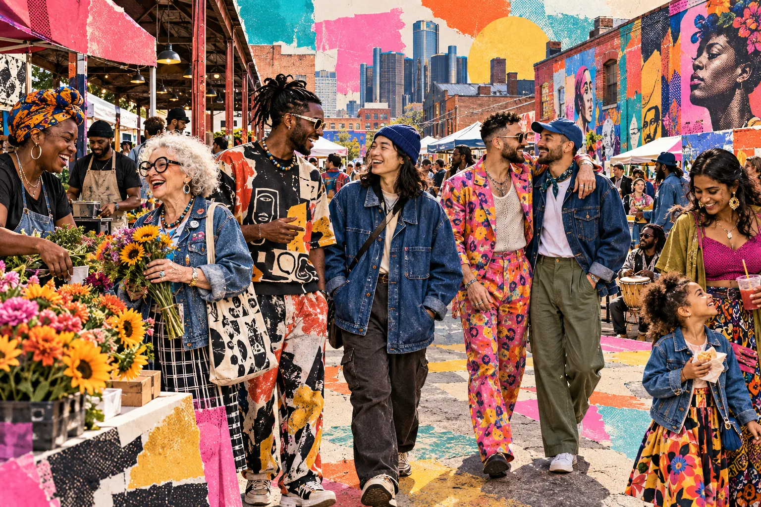 Collage illustration: a creative street gathering at Eastern Market, murals and bold streetwear.