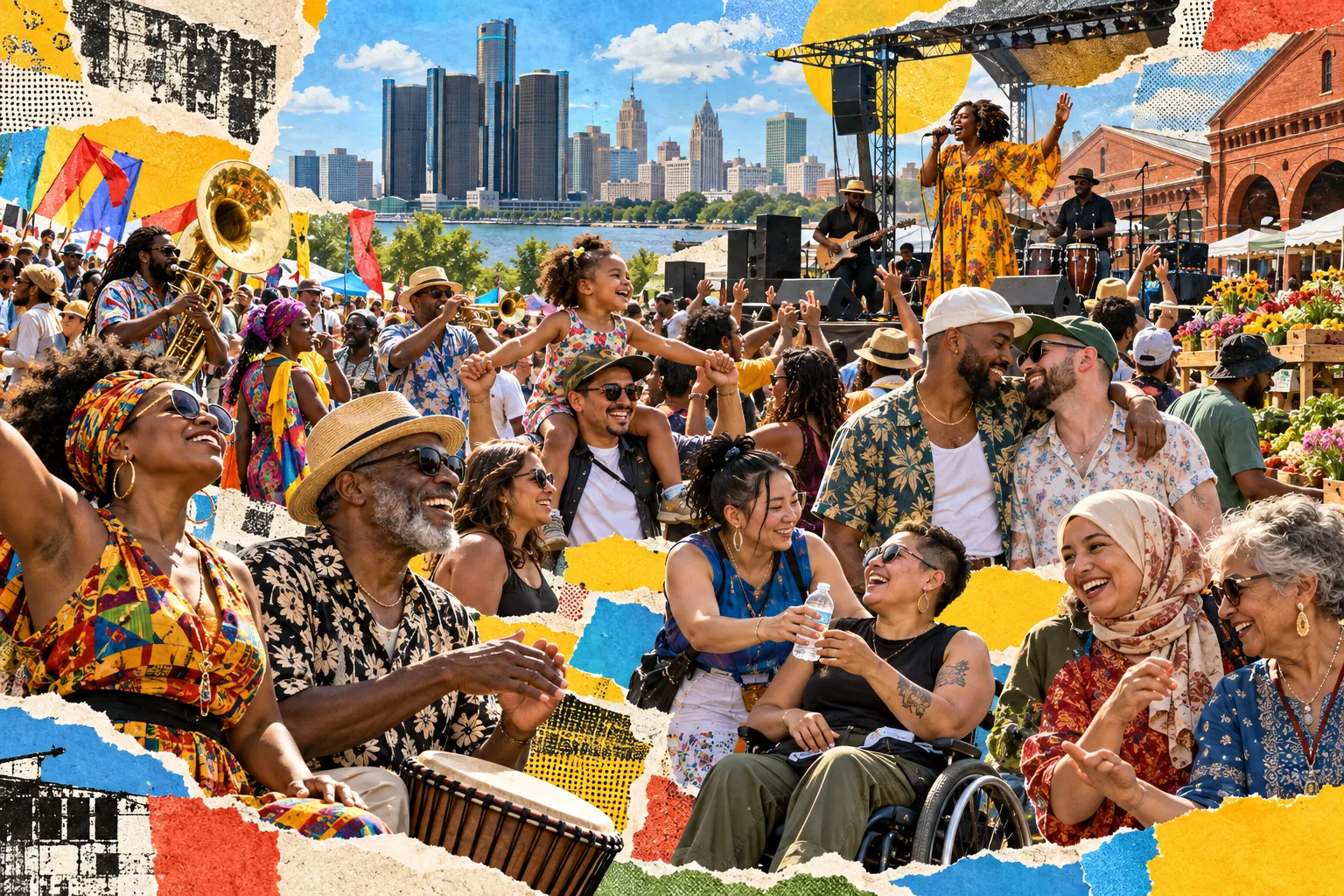 Collage illustration: an outdoor soul concert and parade by the Eastern Market sheds, Detroit skyline behind.