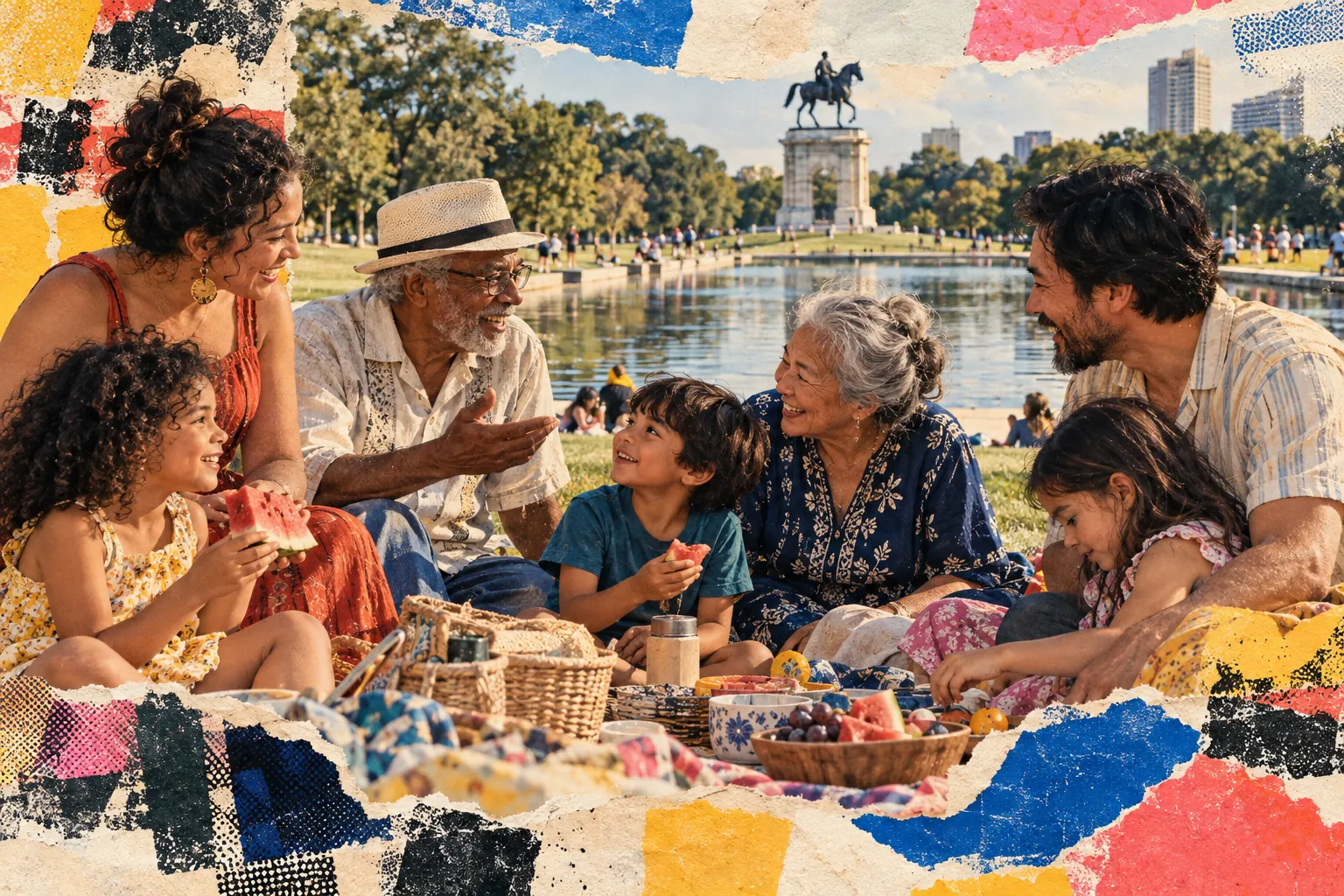 Collage illustration: a family picnic by the reflecting pool in Hermann Park.