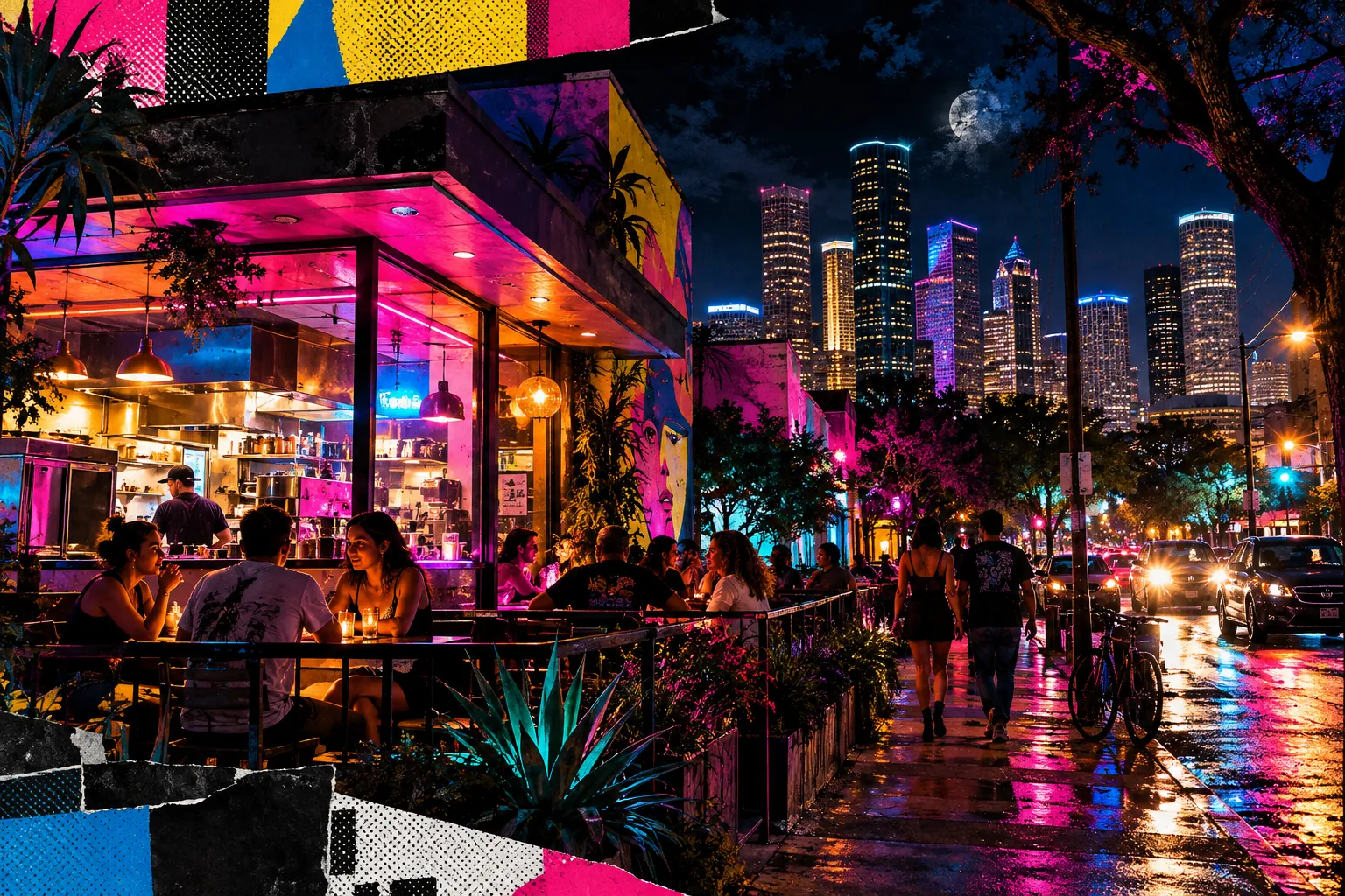 Collage illustration: a Houston late-night food window and patio under a magenta sky.