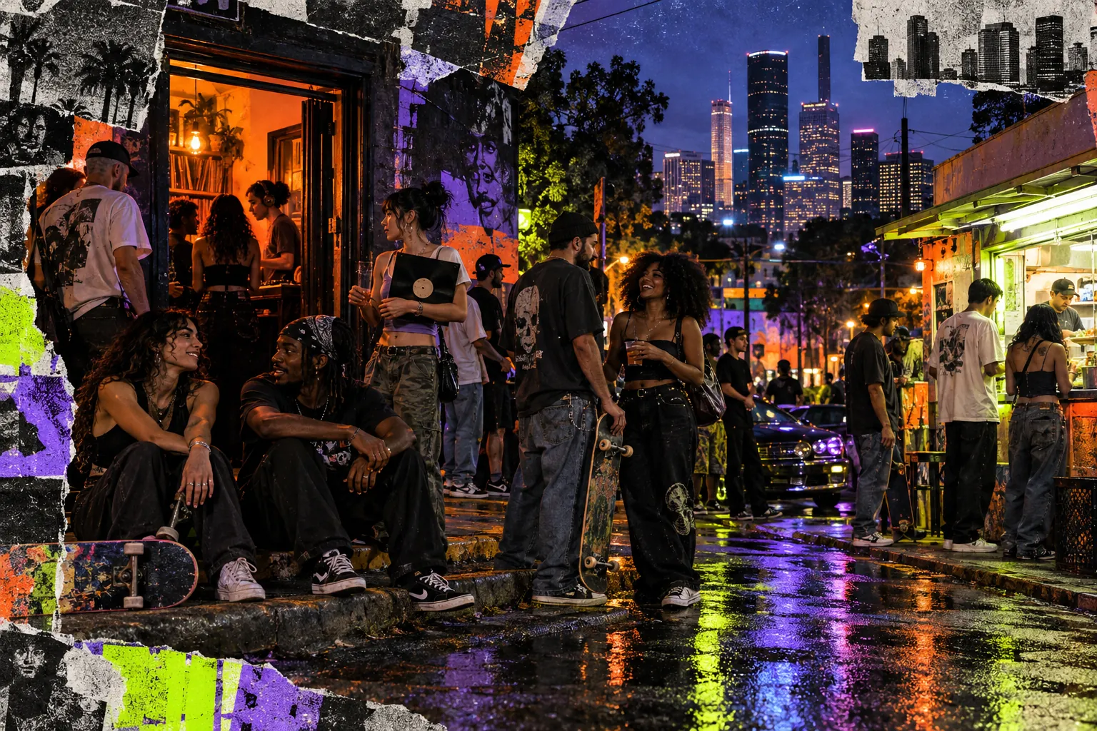 Collage illustration: a late-night Houston street with skaters and a lit food window.