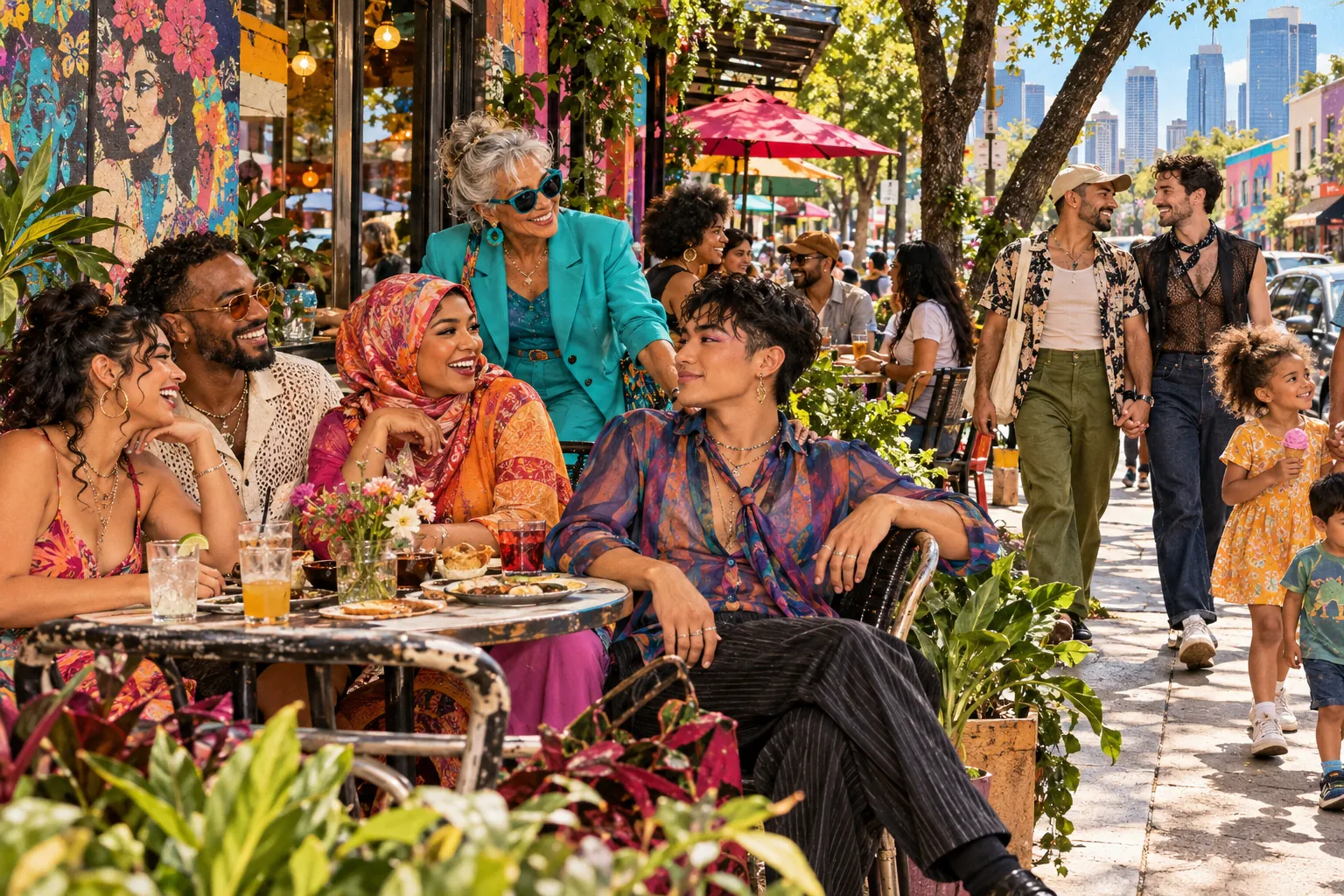 Collage illustration: friends from many backgrounds at a shaded Montrose sidewalk café.