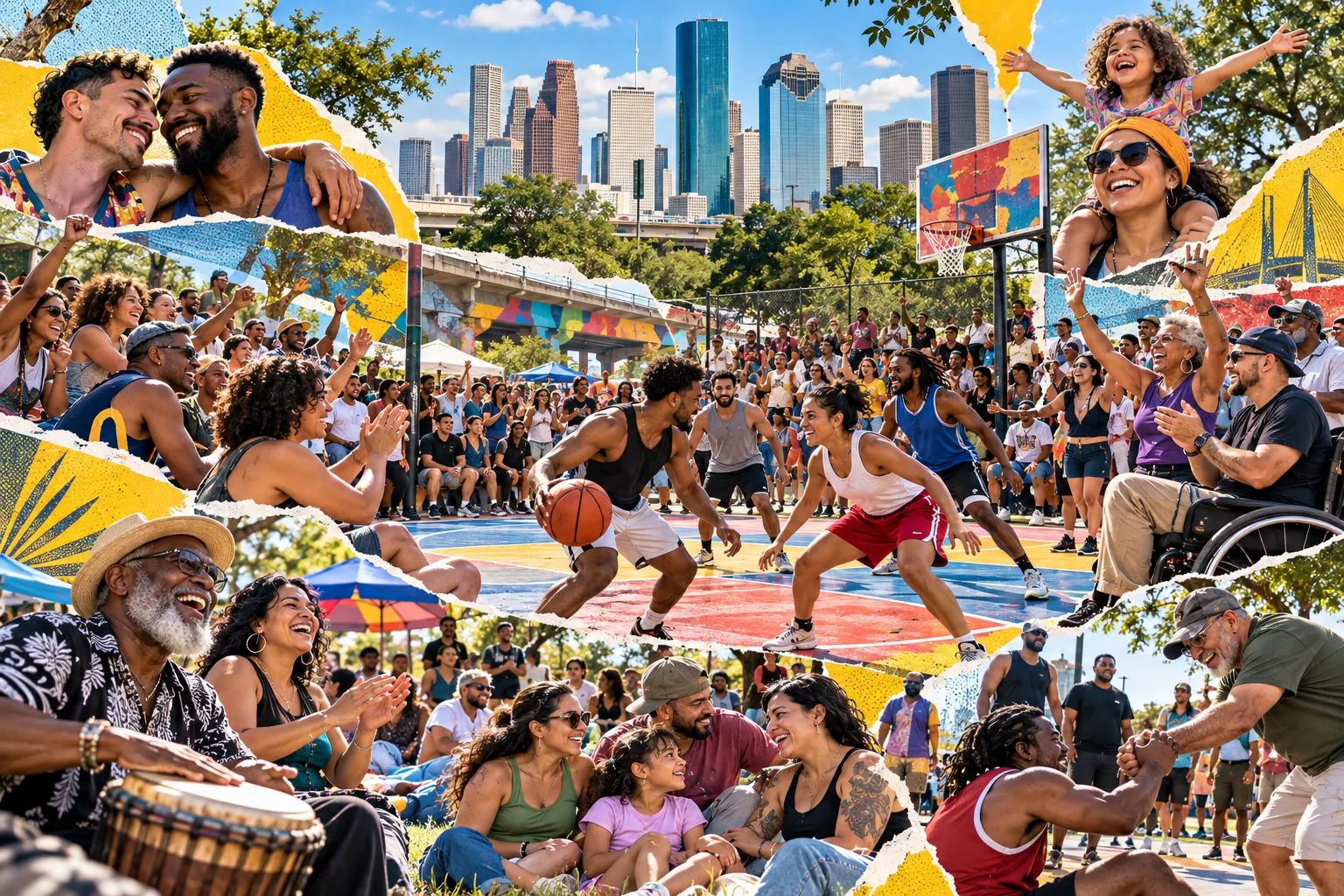 Collage illustration: a community basketball celebration in a Houston park, the skyline behind.