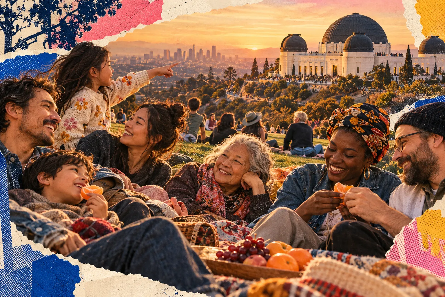 Collage illustration: families on the lawn below Griffith Observatory at sunset.