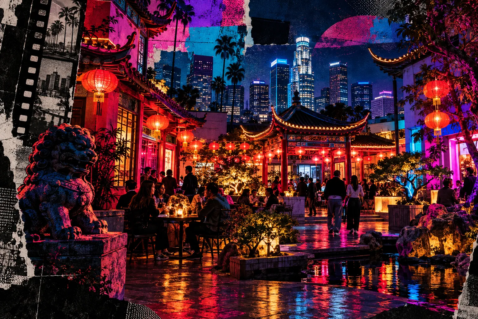 Collage illustration: Chinatown’s Central Plaza in Los Angeles at night, red lanterns and the downtown towers behind.