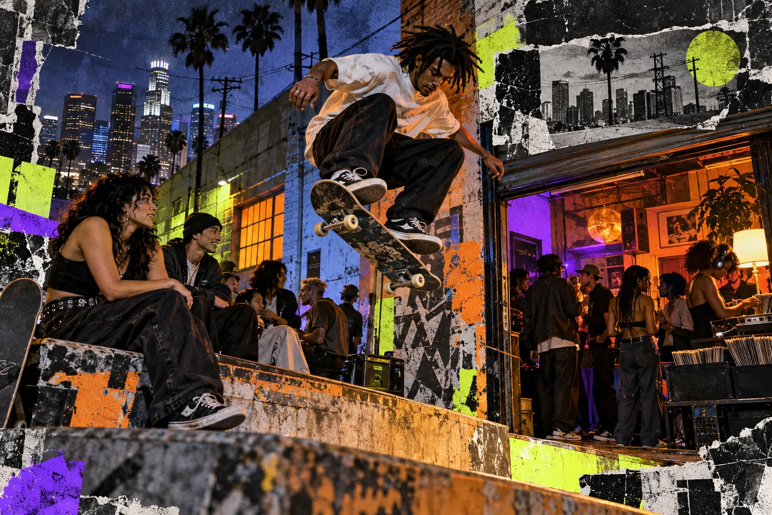 Collage illustration: a night skate session outside an Arts District music room.