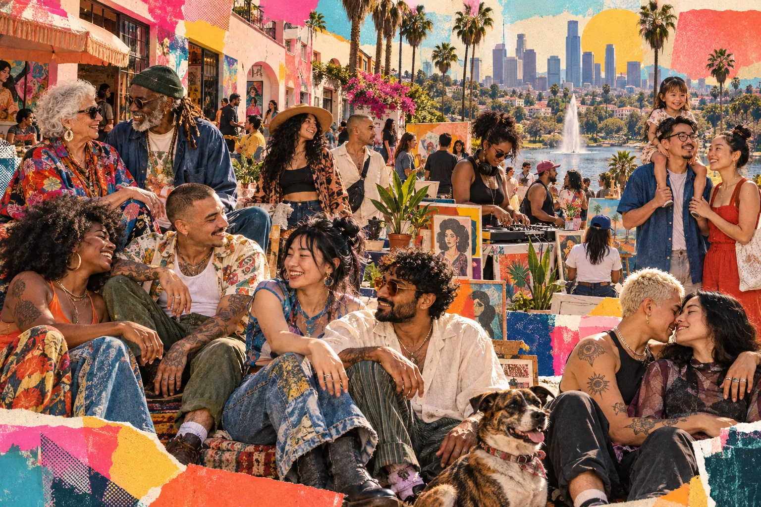 Collage illustration: an Echo Park art gathering under the palms.