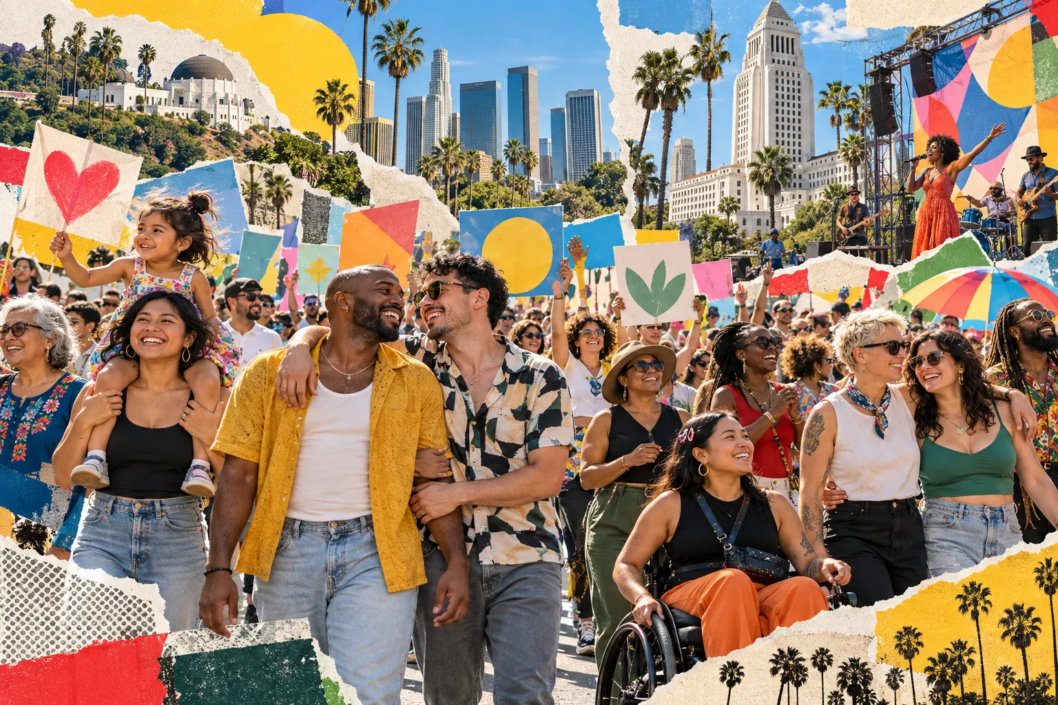 Collage illustration: a community march and outdoor music under Los Angeles palms and City Hall.