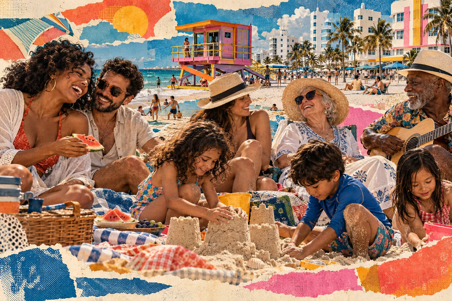 Collage illustration: families building sandcastles by the South Beach lifeguard towers.