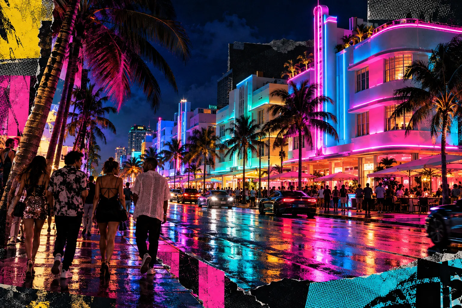 Collage illustration: South Beach Art Deco hotels glowing in neon, palms and people on the sidewalk.