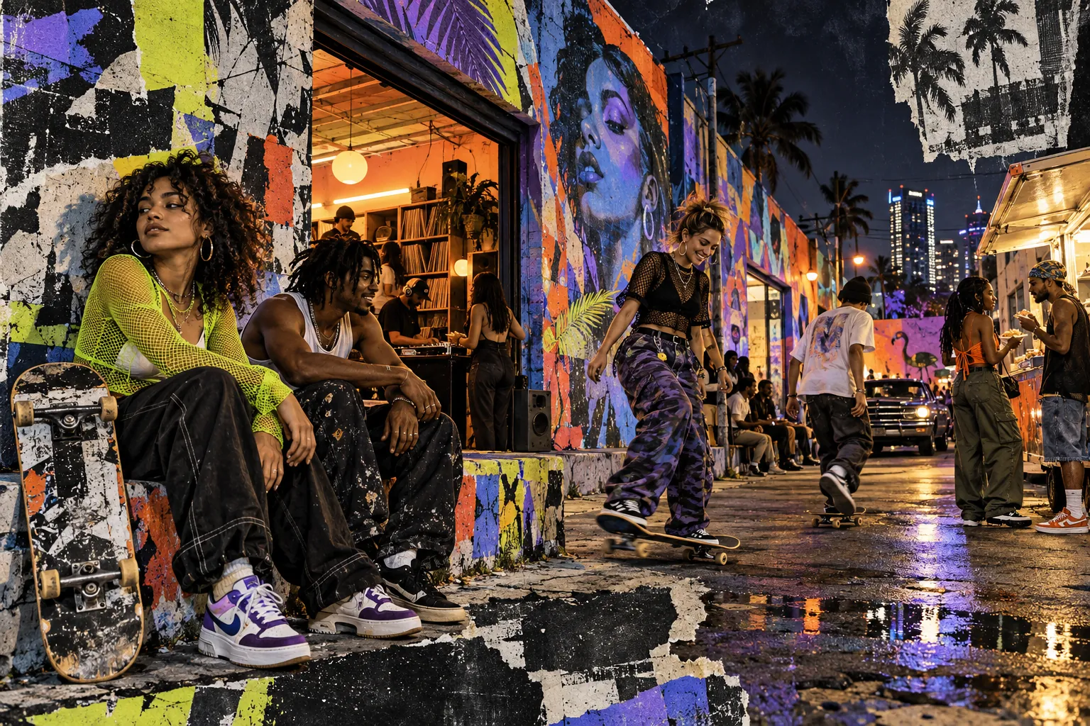 Collage illustration: skaters and friends by a Wynwood mural at night.