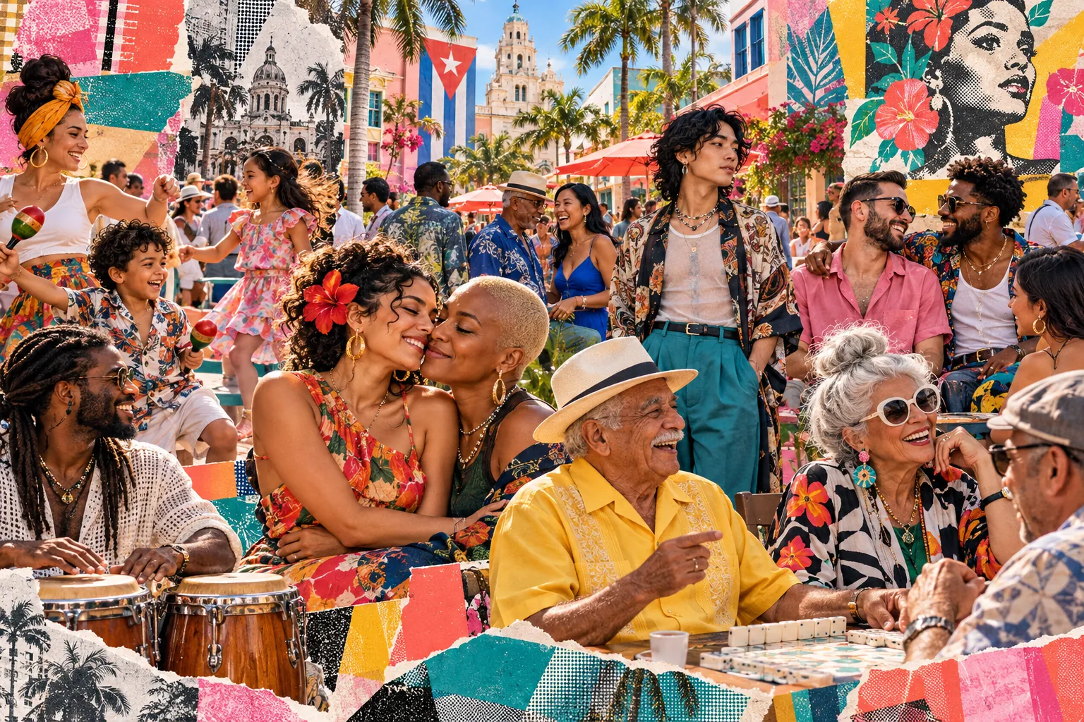 Collage illustration: neighbors of every generation gathering in a Little Havana plaza.