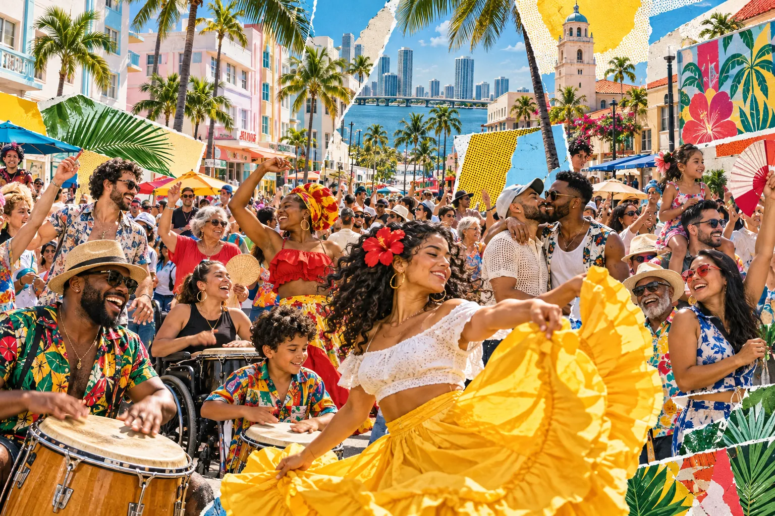 Collage illustration: a Caribbean street parade with drums and dancers in Miami.