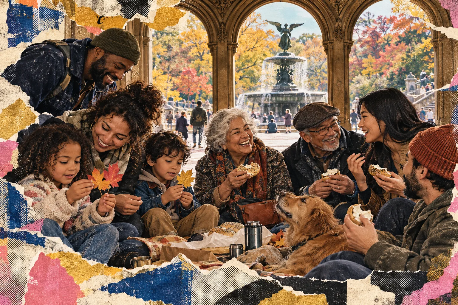 Collage illustration: family and friends gathered under Bethesda Terrace in Central Park.