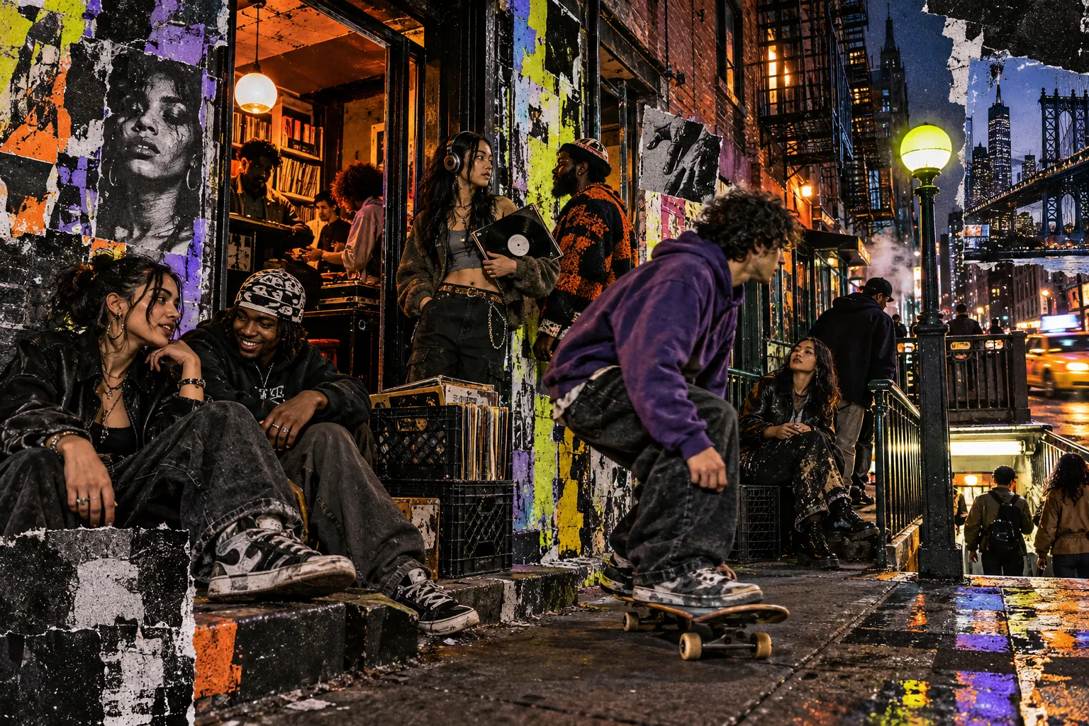 Collage illustration: a Lower East Side night block with skaters and a record shop.