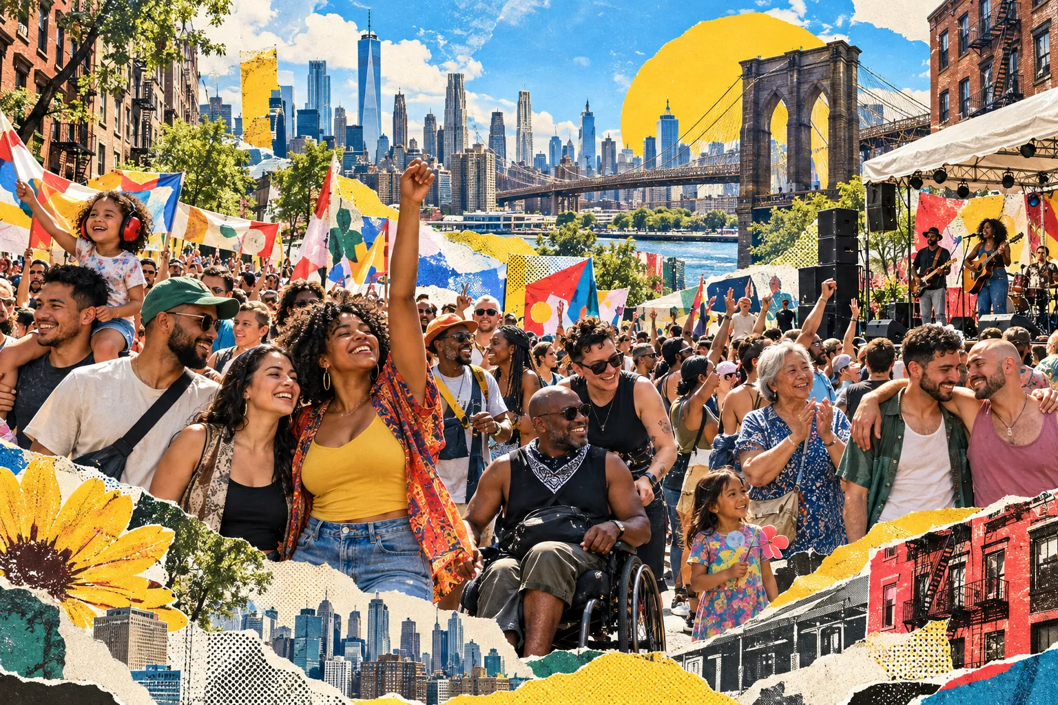 Collage illustration: a block concert and gathering below the Brooklyn Bridge.