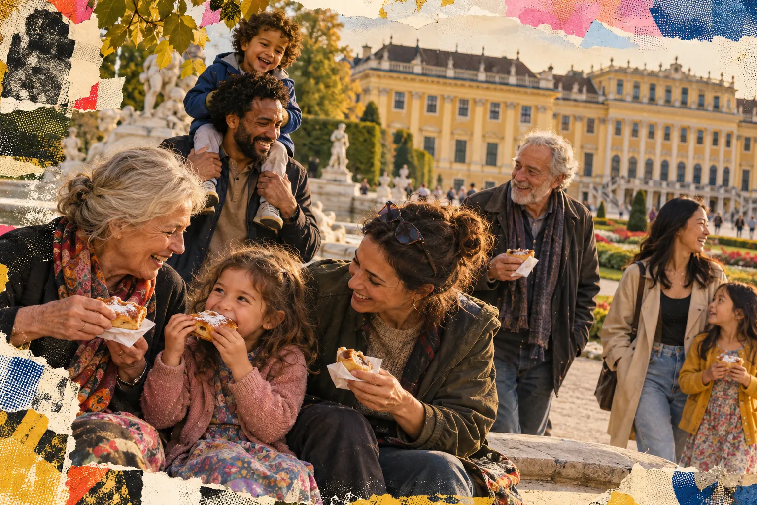 Collage illustration: families strolling with pastries in the gardens at Schönbrunn.