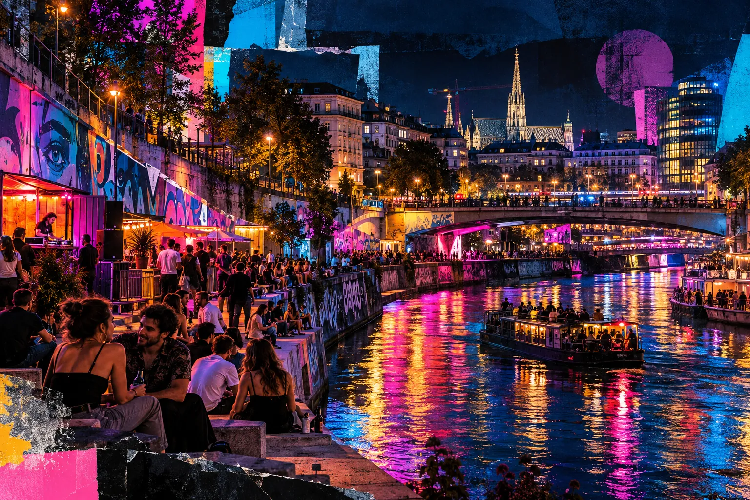 Collage illustration: the Donaukanal at night, street-art walls and people gathered by the water.