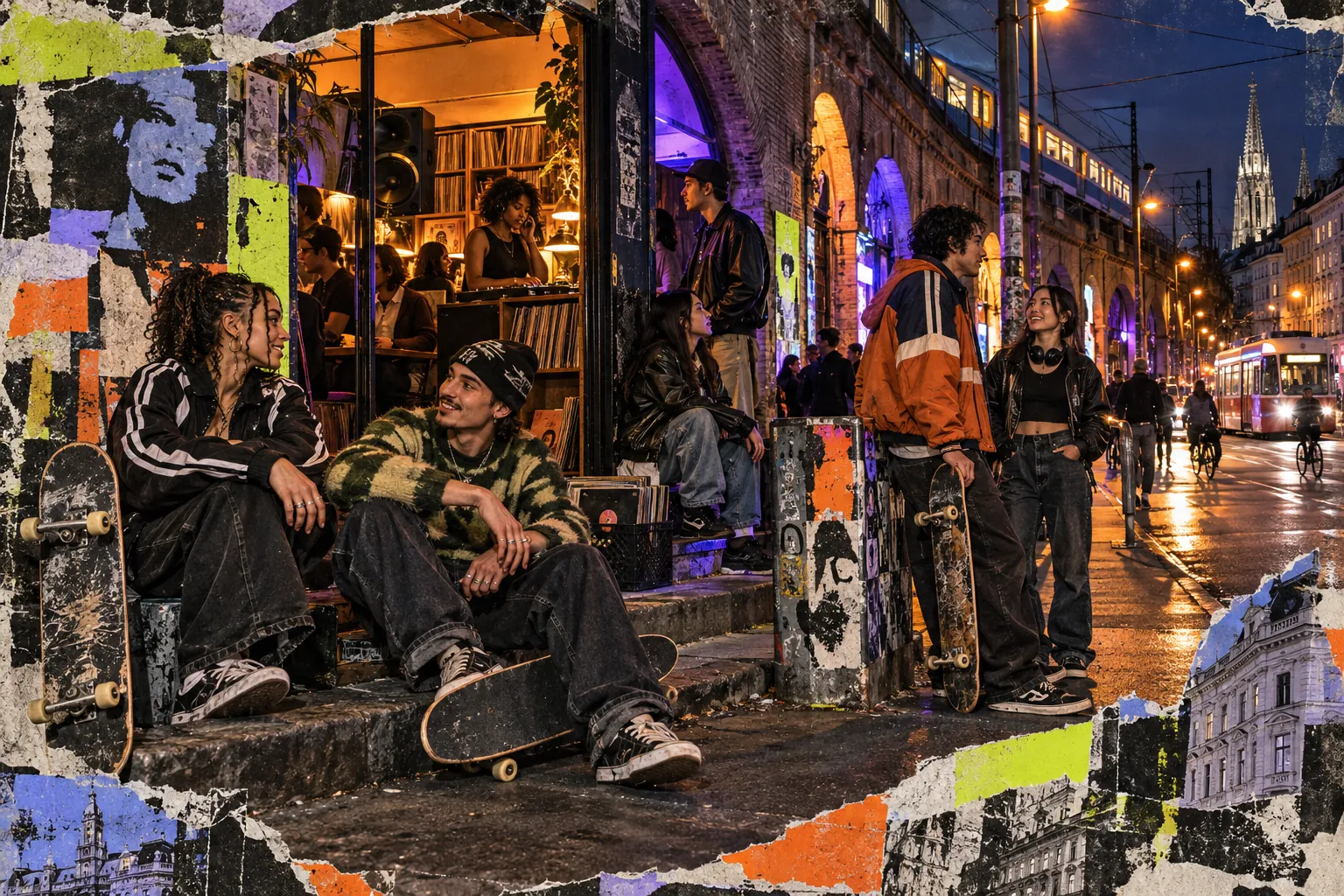 Collage illustration: friends under the Gürtel railway arches at night.