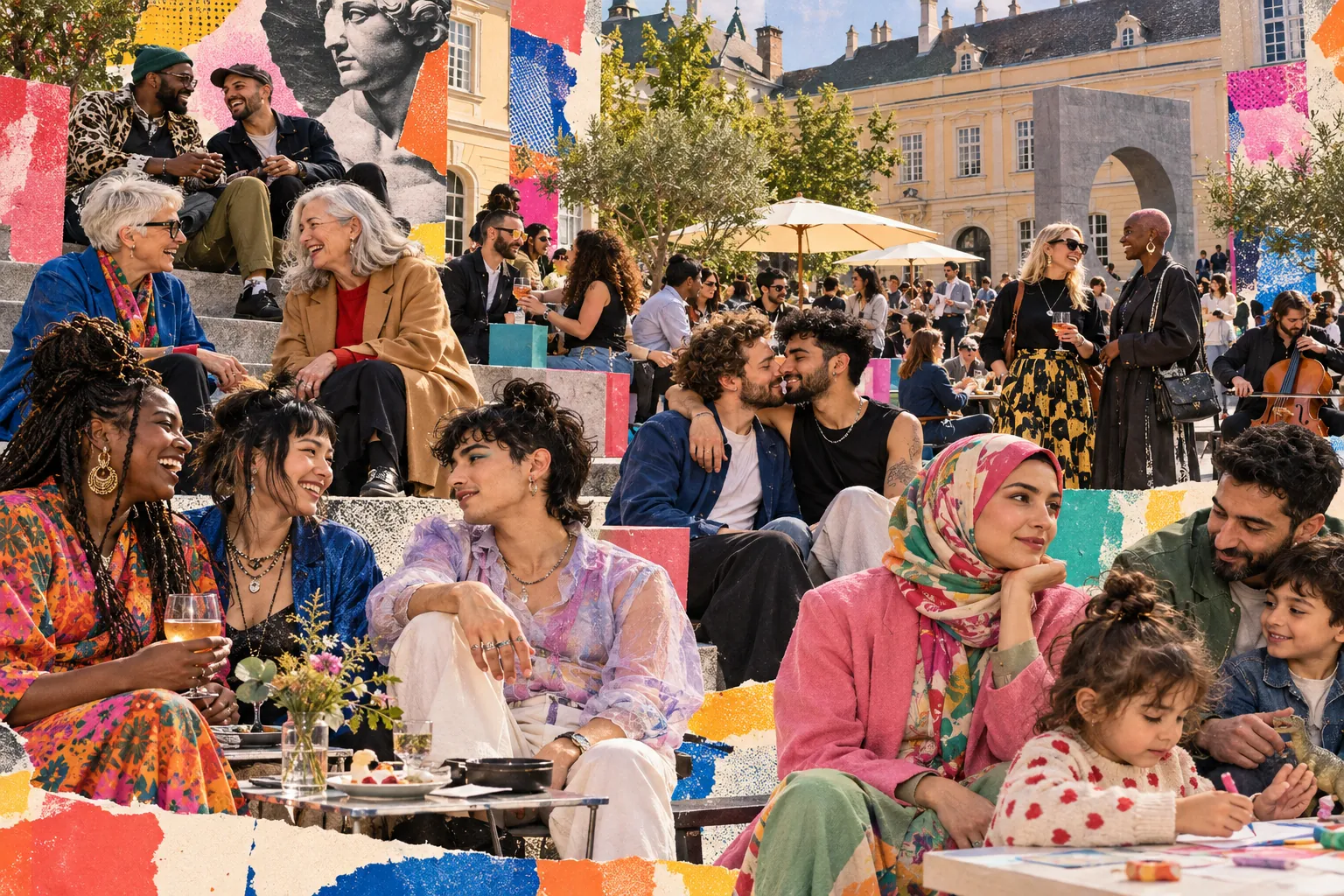 Collage illustration: an afternoon crowd in a MuseumsQuartier-style courtyard.