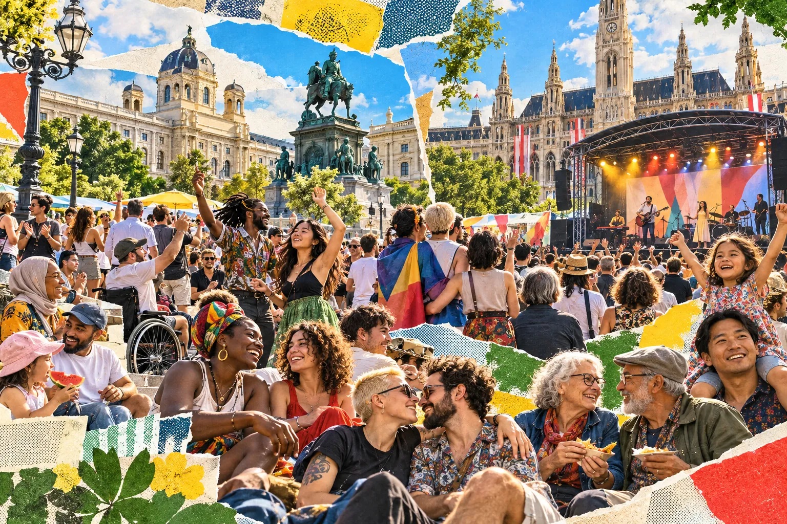 Collage illustration: an outdoor concert on a Vienna square below City Hall and the museums.