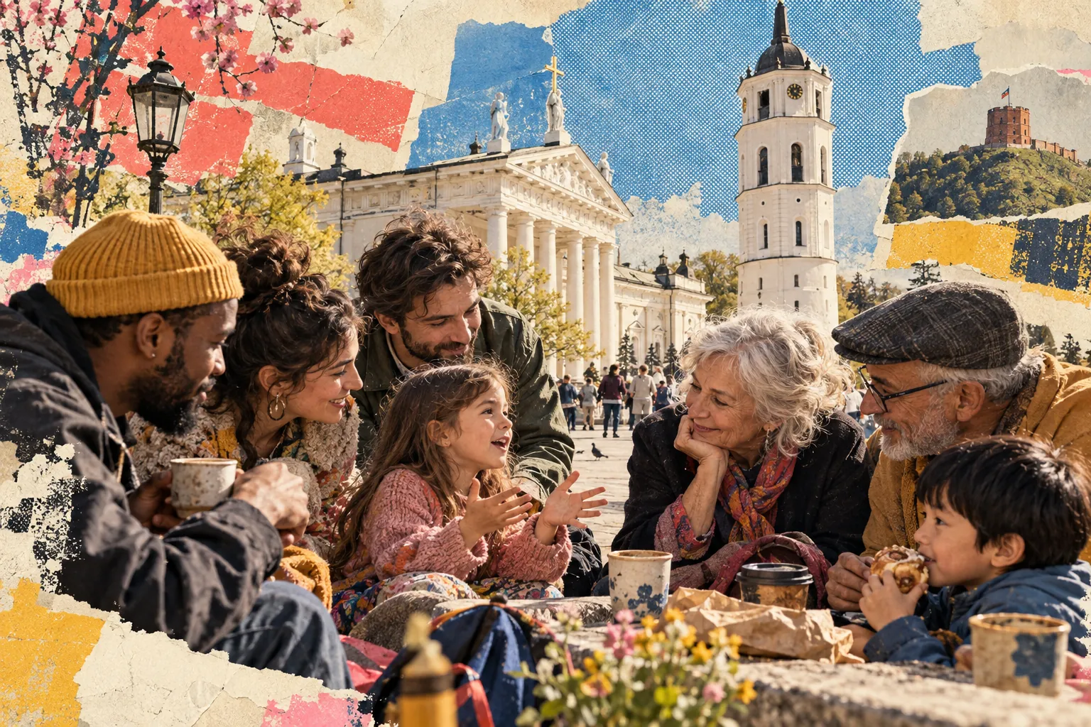 Collage illustration: families and friends in Cathedral Square, the bell tower behind them.