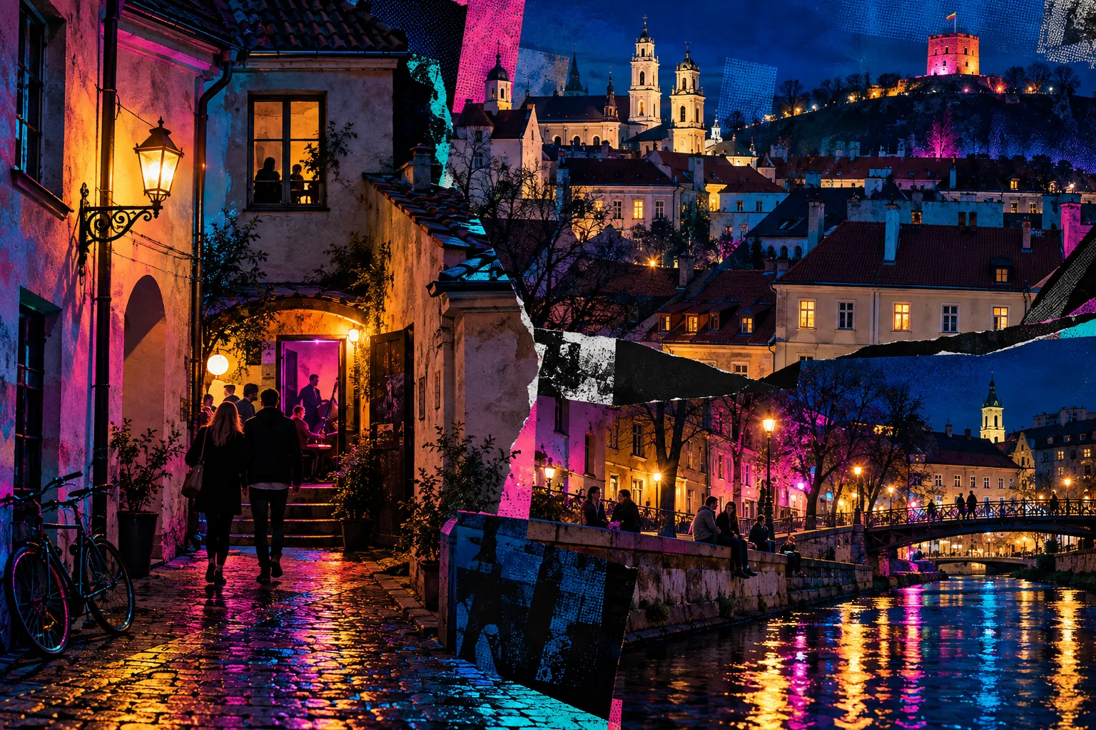 Collage illustration: Vilnius Old Town after dark, red roofs, a courtyard passage and the river lights.