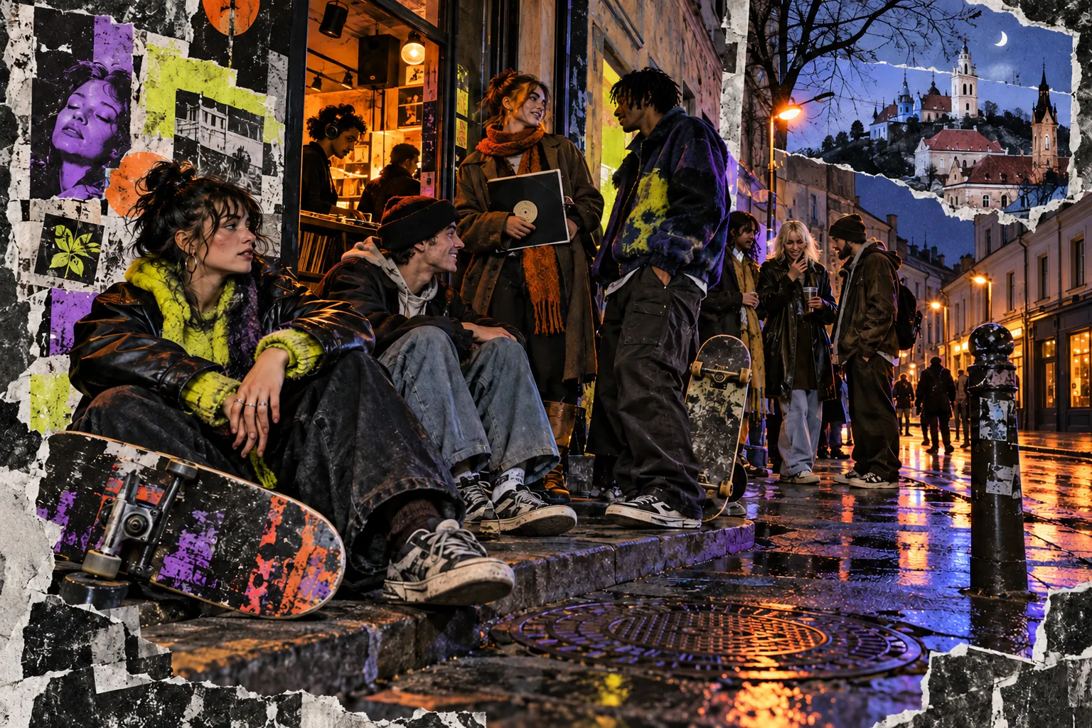 Collage illustration: skaters and friends on a Vilnius street at night, the Old Town above.