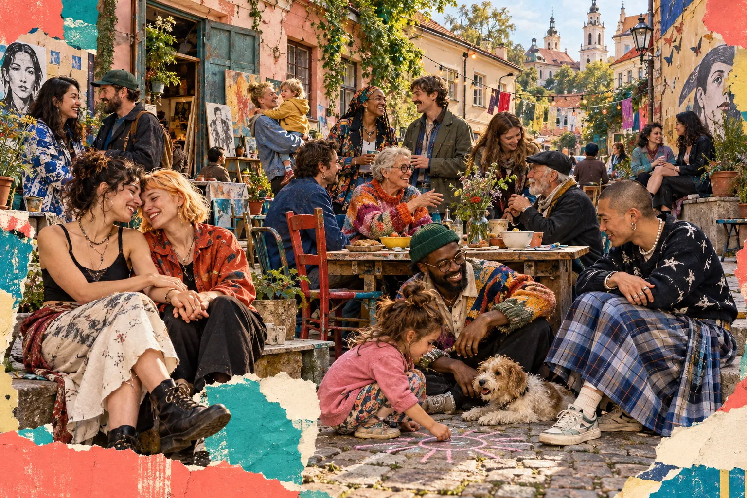 Collage illustration: locals and visitors gathering in an Užupis courtyard.