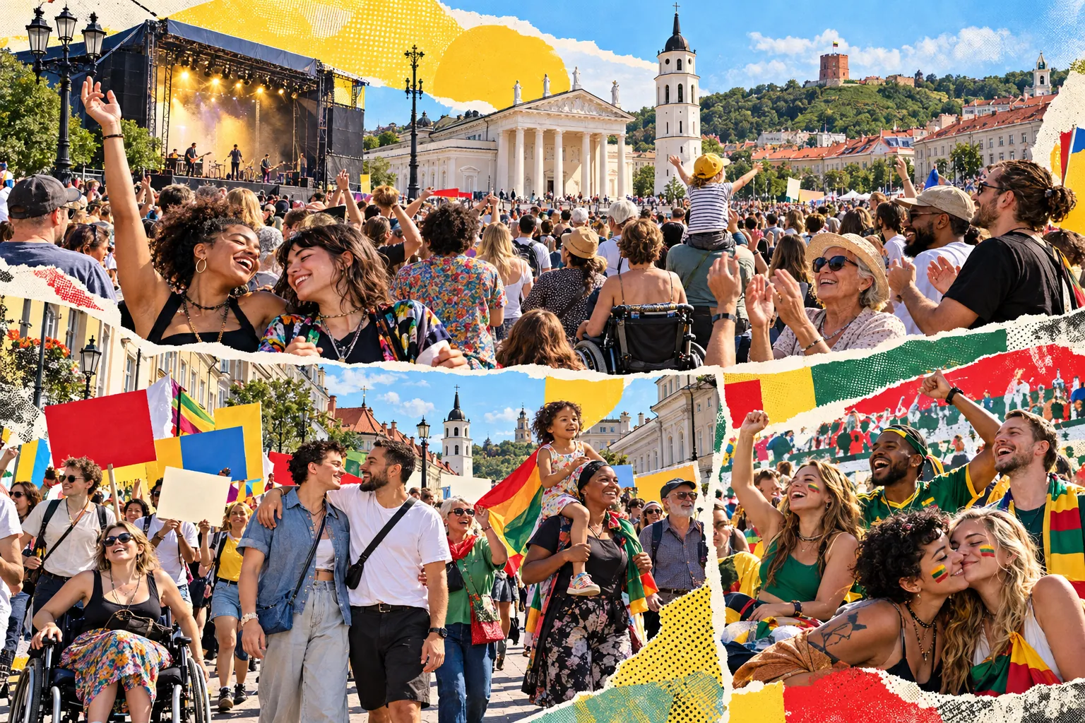 Collage illustration: a public-square concert near Vilnius Cathedral and its bell tower.