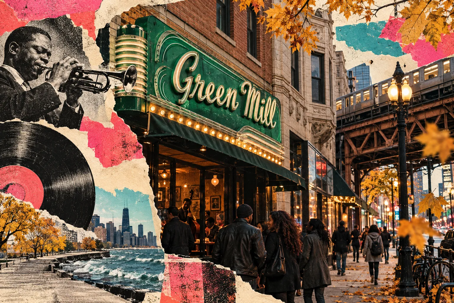 Collage illustration of Uptown, Chicago: the Green Mill’s neon, the L overhead and lake wind in the leaves.
