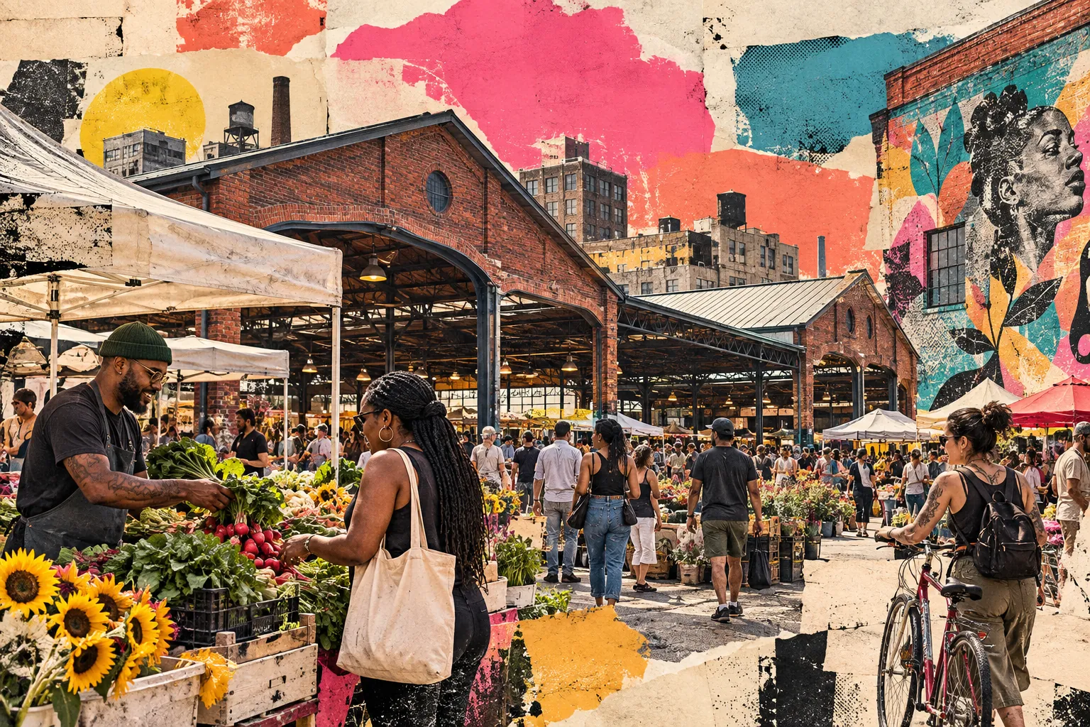 Collage illustration of Eastern Market, Detroit: the sheds, the produce and the murals on a Saturday.