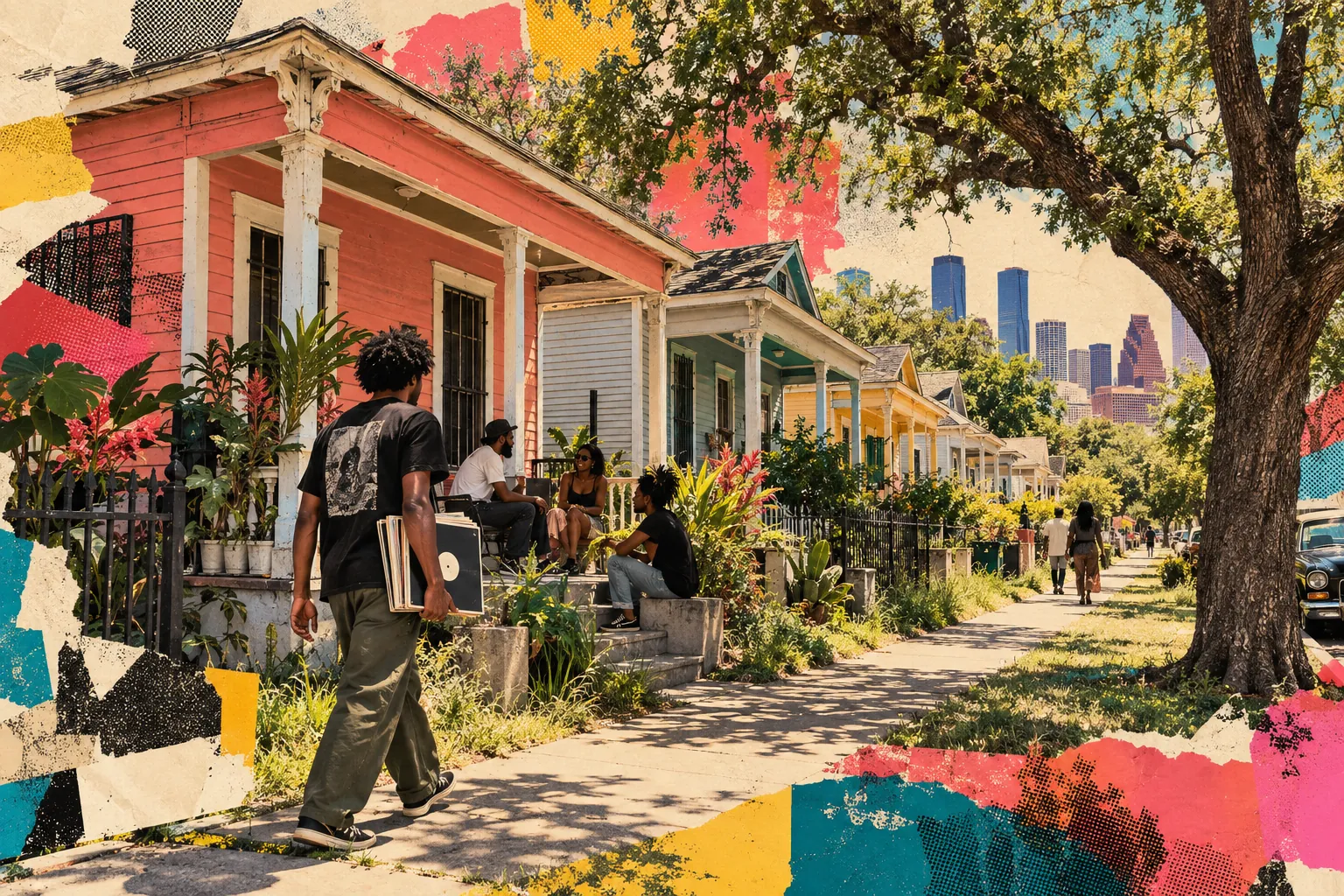 Collage illustration of Third Ward, Houston: shotgun houses, front porches and the shade you’ll need.