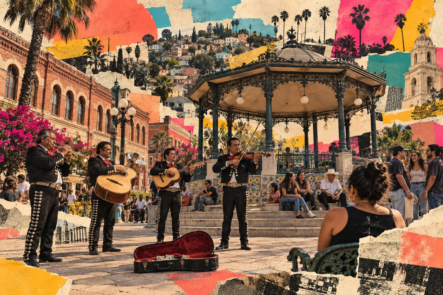 Collage illustration of Boyle Heights, Los Angeles: Mariachi Plaza, where the music happens in public.
