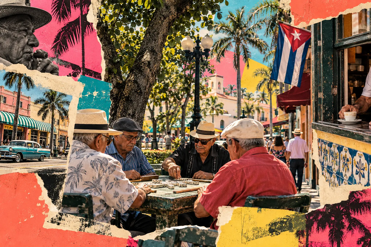 Collage illustration of Little Havana, Miami: dominoes at Máximo Gómez Park and a cafecito from the window.