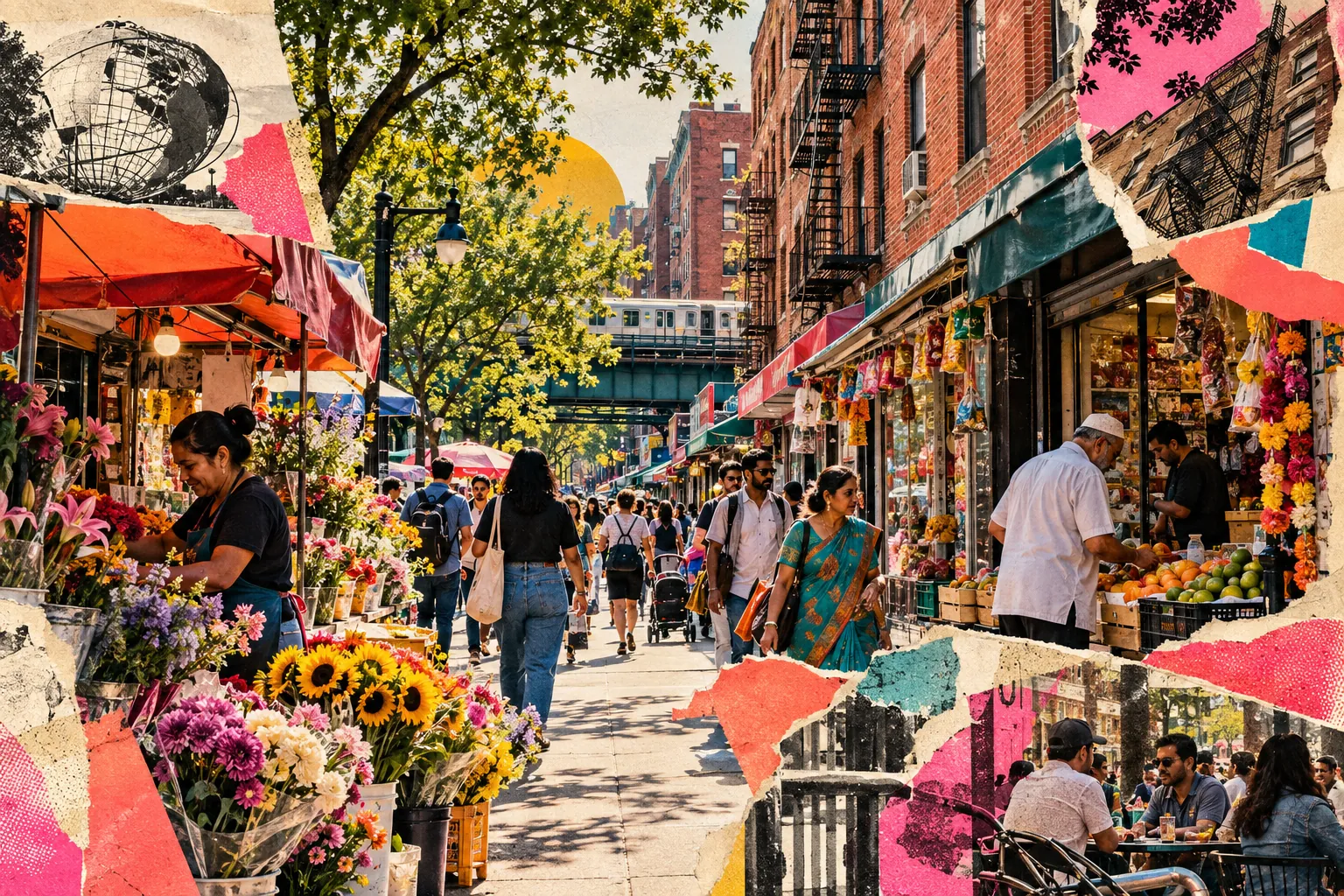 Collage illustration of Jackson Heights, Queens: brick walk-ups, fire escapes and 34th Avenue full of people.