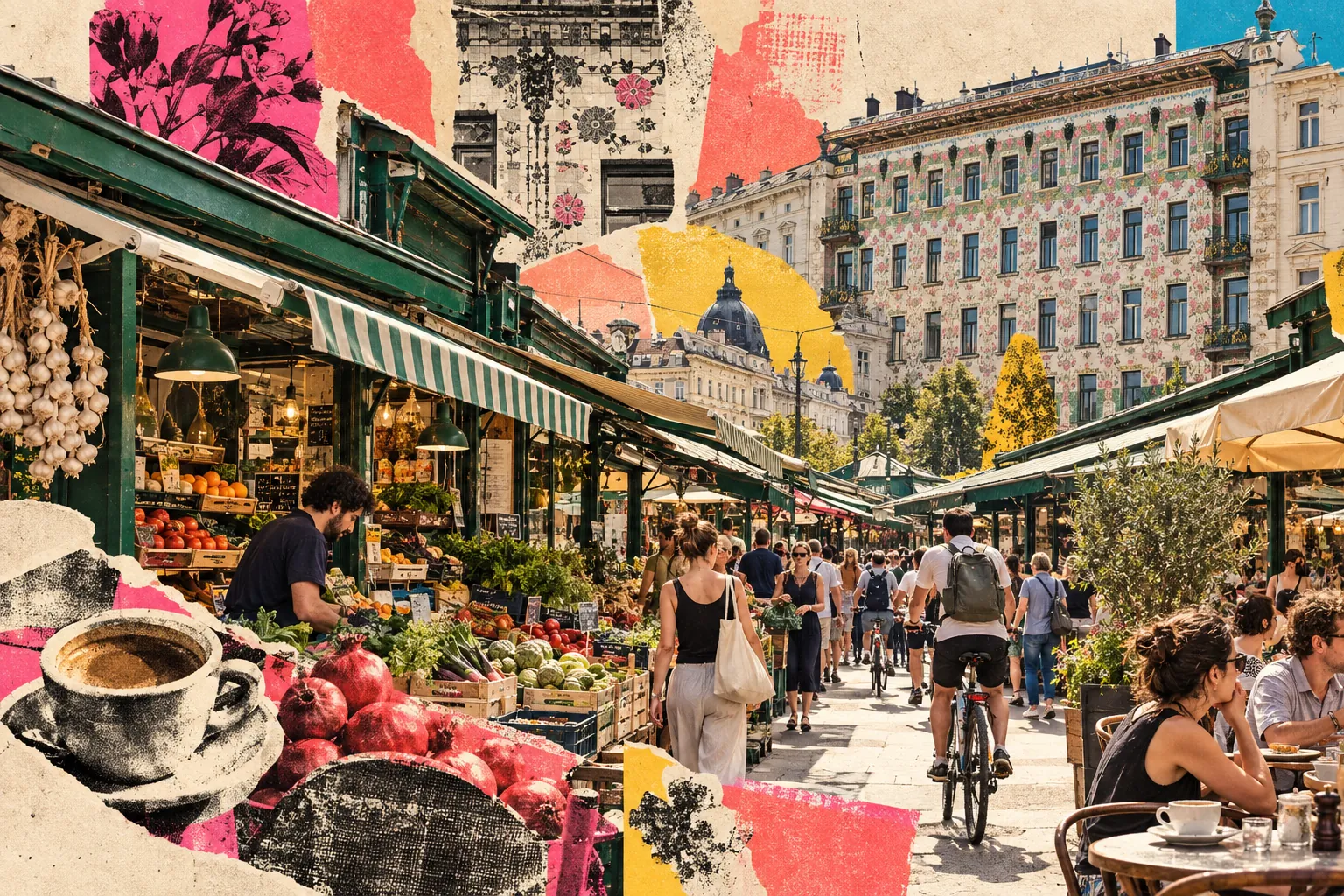 Collage illustration of Naschmarkt, Vienna: market stalls, a coffee and Otto Wagner’s Majolikahaus over your shoulder.