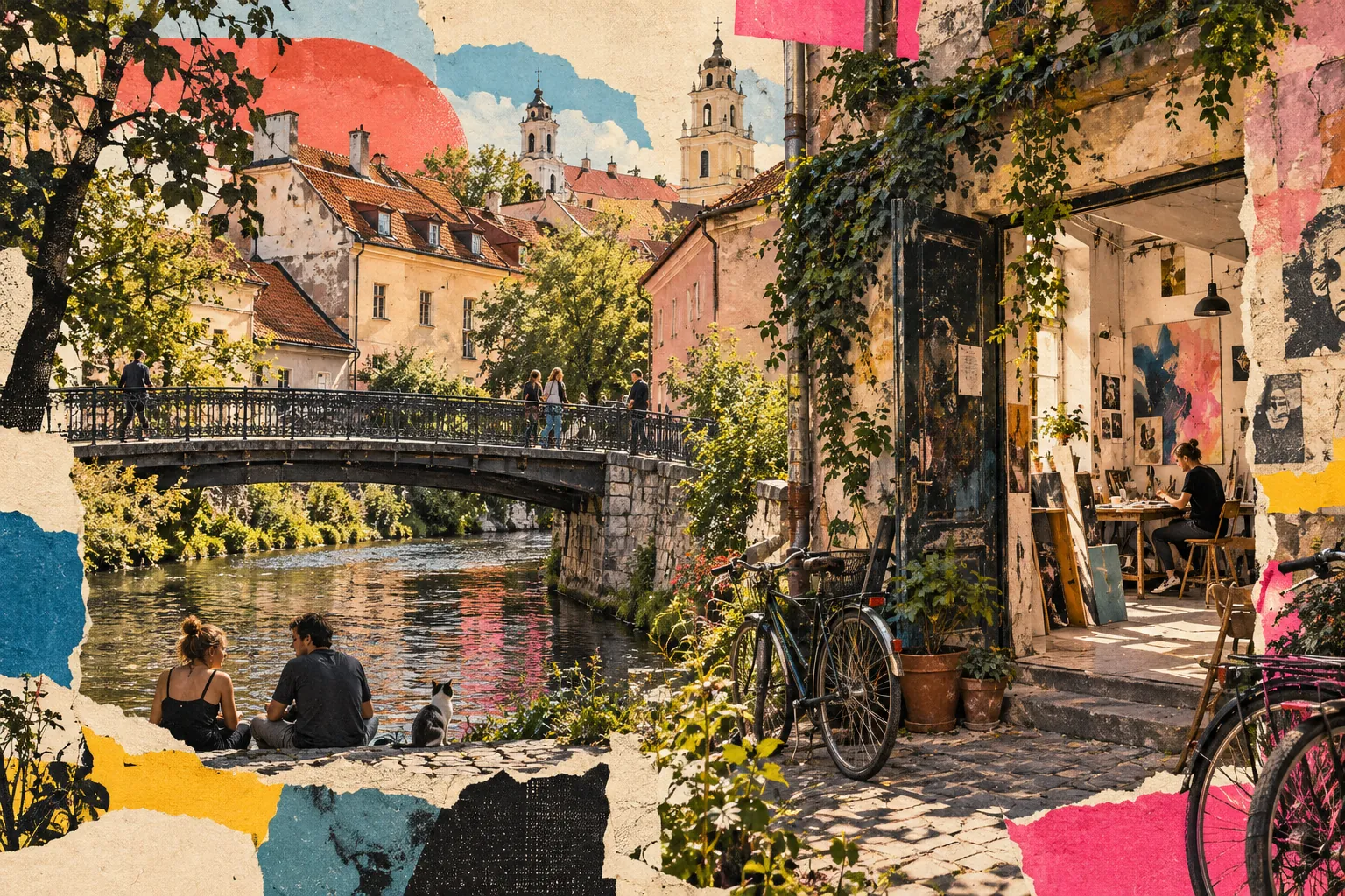 Collage illustration of Užupis, Vilnius: the Vilnelė, a footbridge and courtyards that reward a wrong turn.