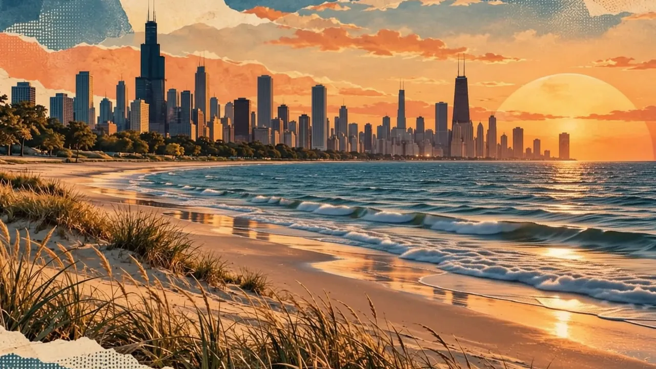 Collage animation still: the Chicago skyline over the lakefront beach at sunset.