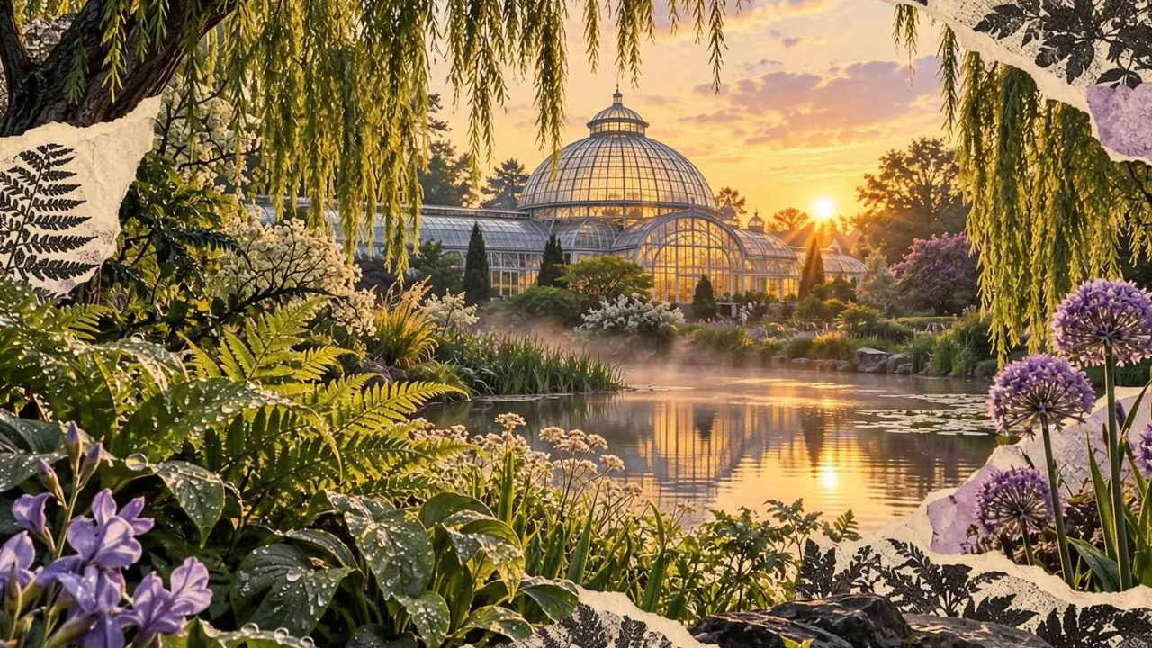 Collage animation still: the Belle Isle Conservatory dome reflected in the lagoon at sunset.