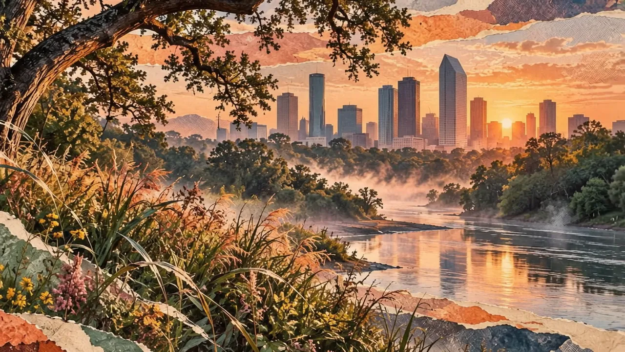 Collage animation still: Buffalo Bayou winding toward the Houston skyline at sunset.