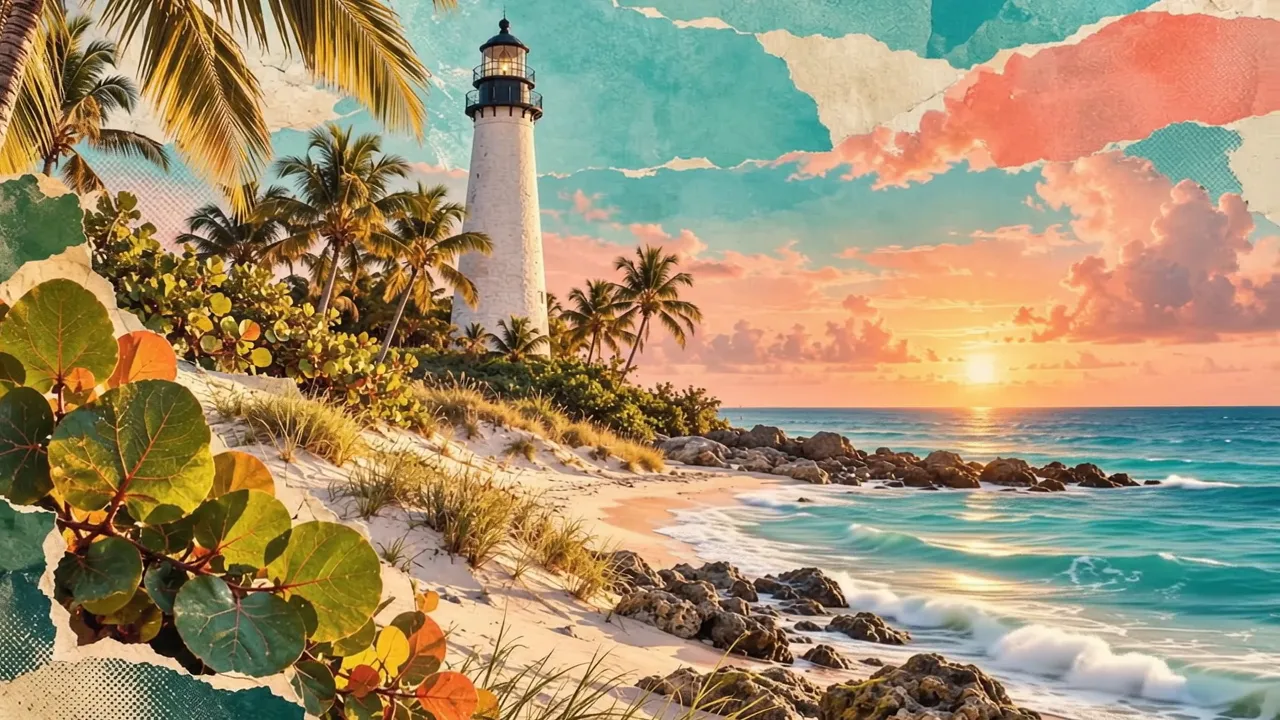 Collage animation still: the Cape Florida lighthouse over Key Biscayne’s shore at sunset.
